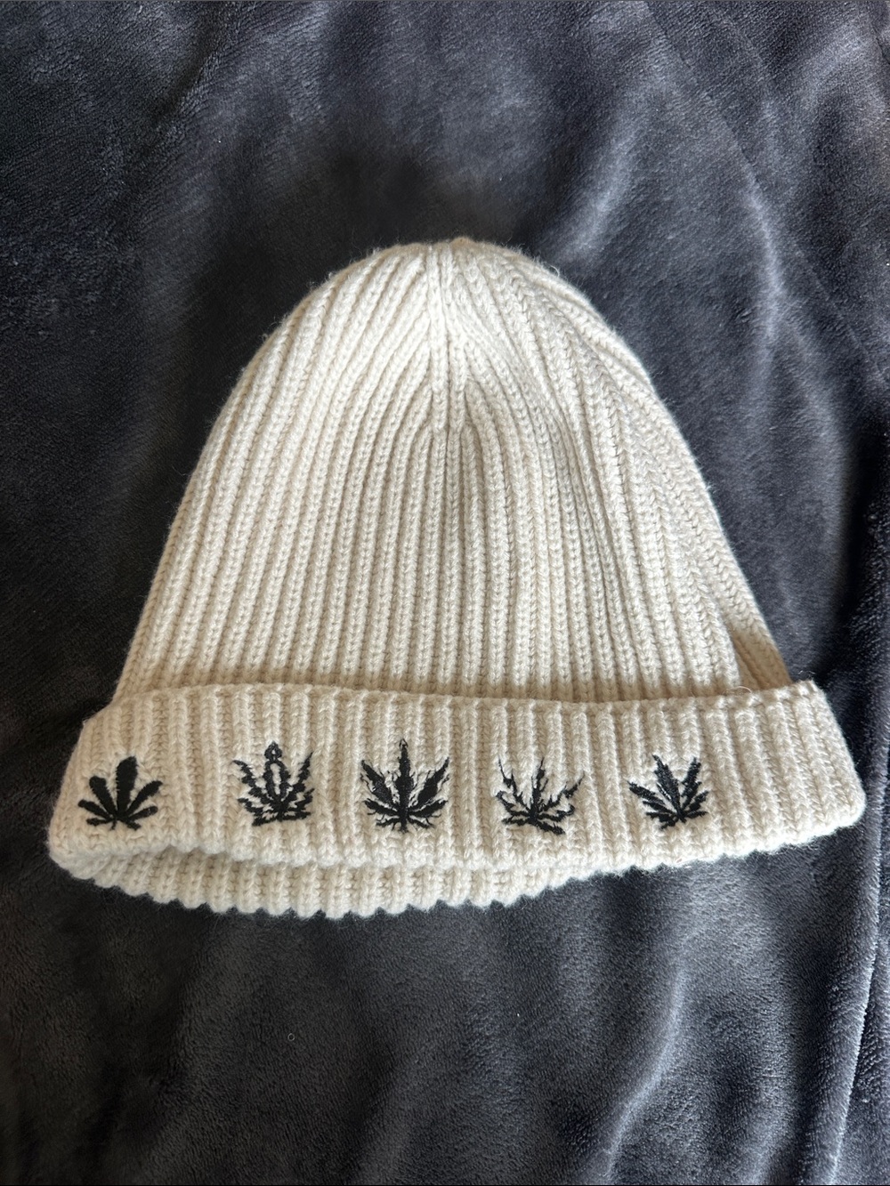 Cream Ribbed Beanie with Black Leaf Embroidery